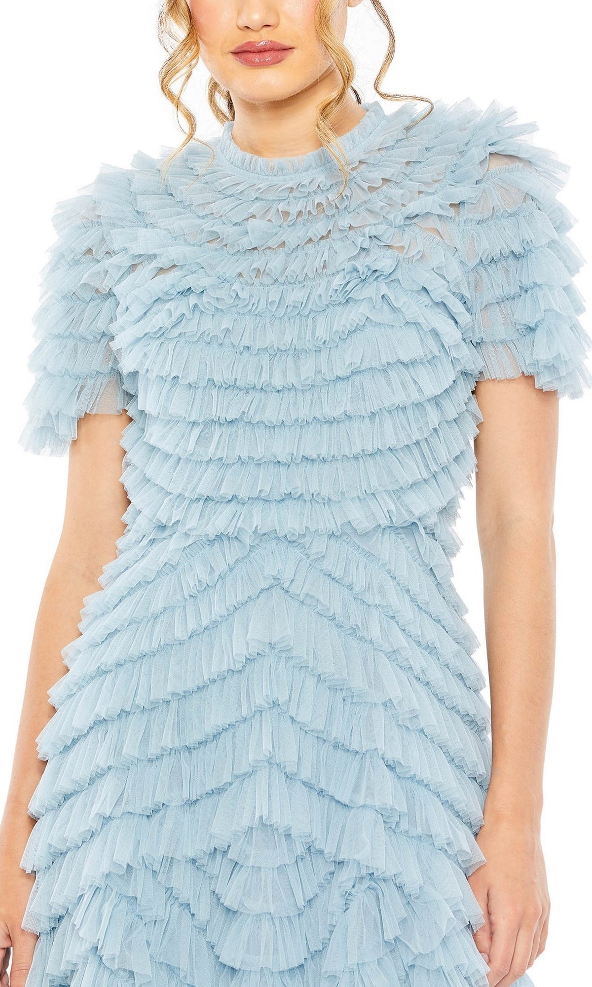 A woman wearing the Midi Wedding Guest Dress 8055 by Mac Duggal—a pastel light blue, short-sleeve dress with ruffles and layered pleats—shown from shoulders to mid-thigh.